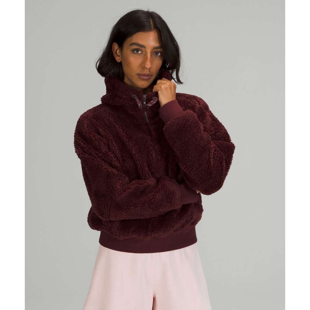 Lululemon Textured Fleece 1/2 Zip Hoodie Pullover Sweater Red Merlot Womens 14